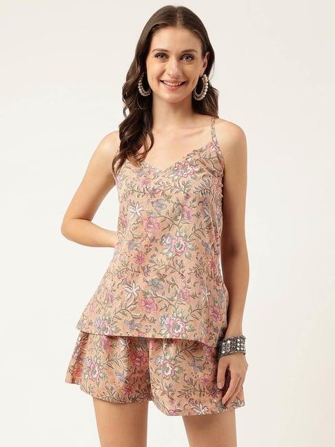 divena beige cotton floral print top with shorts