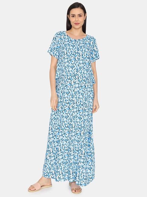 coucou by zivame blue & white printed maternity nighty