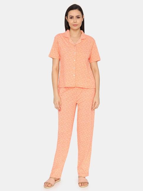 zivame orange printed shirt with pyjamas