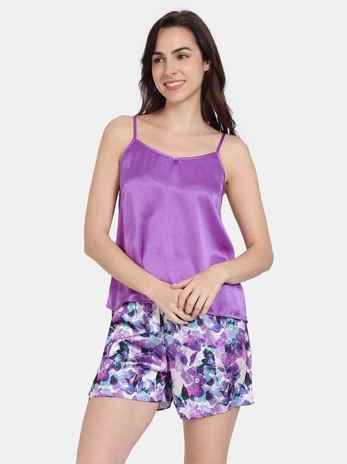 zivame purple printed camisole top with shorts