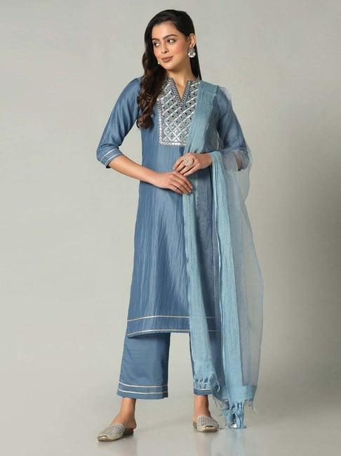 skylee greyish blue embroidered kurta palazzo set with dupatta