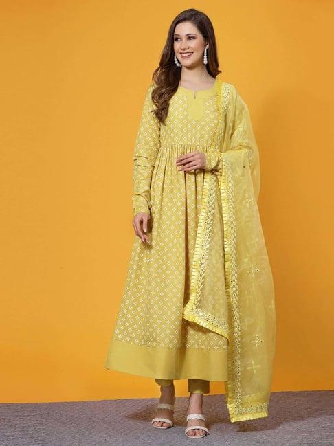 skylee yellow printed kurta pant set with dupatta