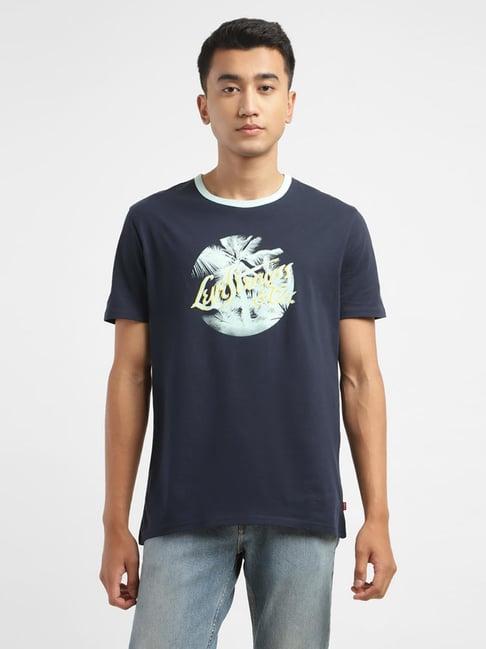 levi's navy blue cotton regular fit printed t-shirt