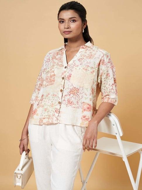 honey by pantaloons off-white linen printed shirt