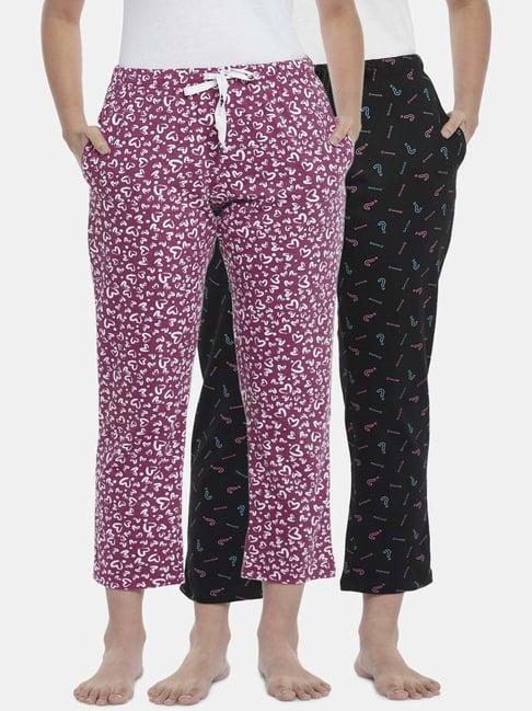 dreamz by pantaloons purple & black cotton printed pyjamas - pack of 2