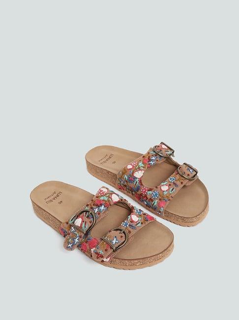 luna blu by westside taupe embroidered double band birki sandals