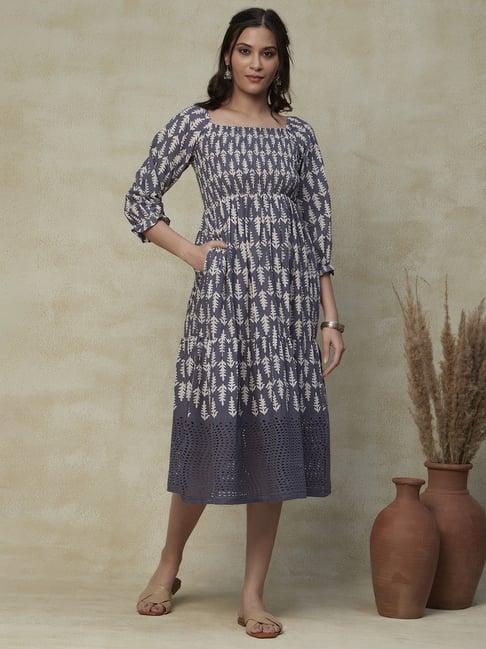 fashor blue cotton printed a-line dress