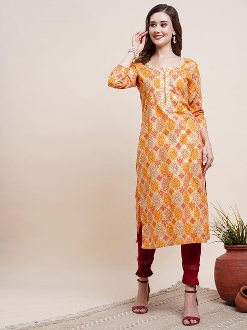 fashor orange cotton printed straight kurta