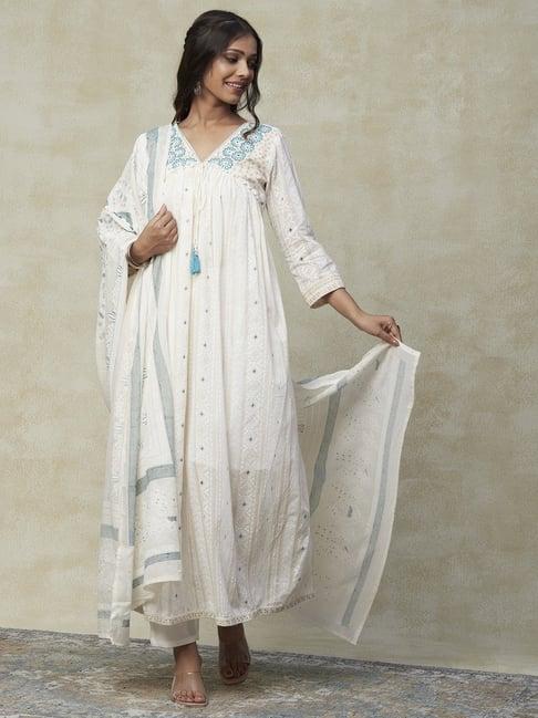 fashor off-white cotton embroidered kurta pant set with dupatta