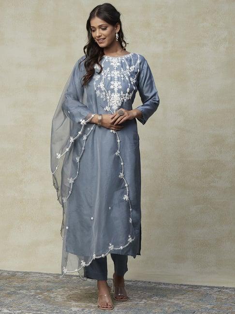 fashor grey embroidered kurta pant set with dupatta