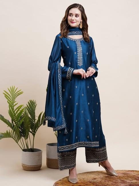 fashor blue embroidered kurta palazzo set with dupatta