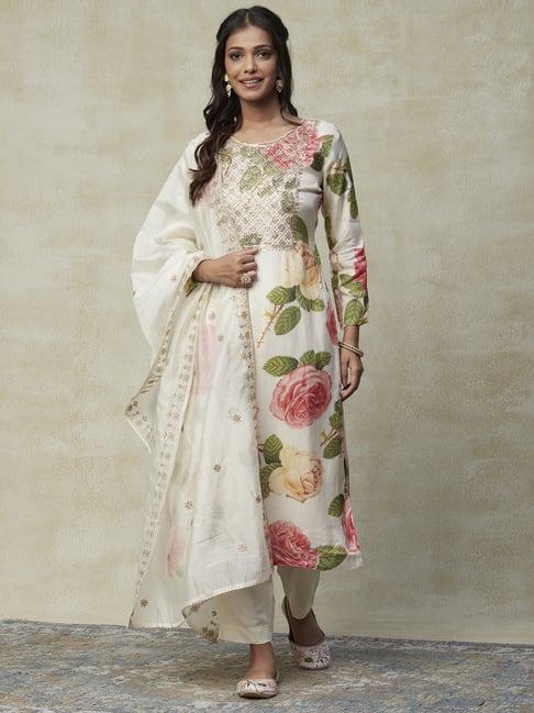 fashor off-white printed kurta pant set with dupatta