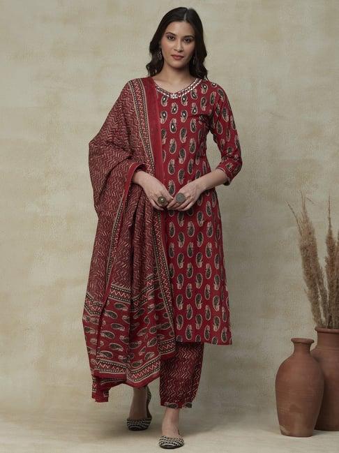 fashor maroon cotton printed kurta pant set with dupatta