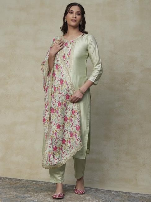 fashor green embroidered kurta pant set with dupatta