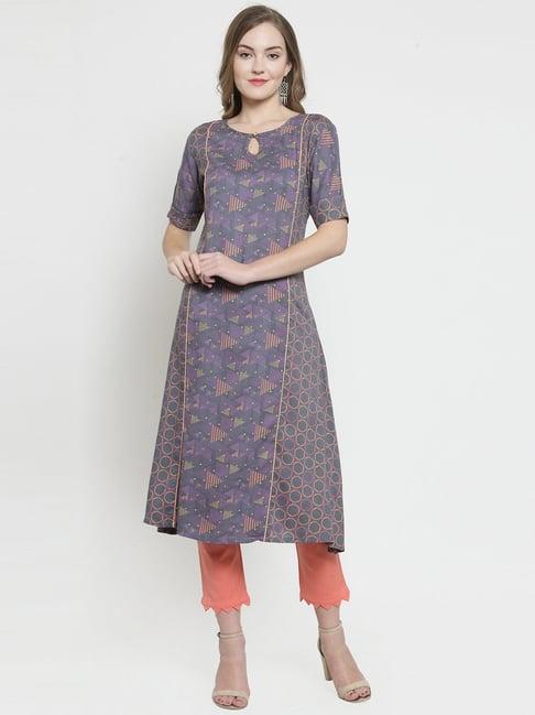 indibelle grey & peach printed kurta and pant set