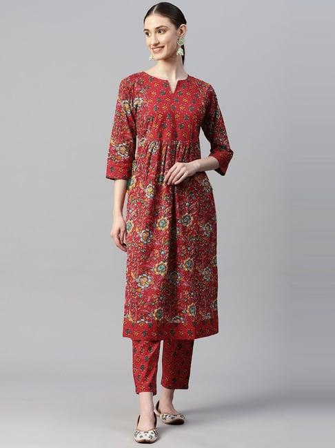 indibelle red cotton floral print kurta pant set