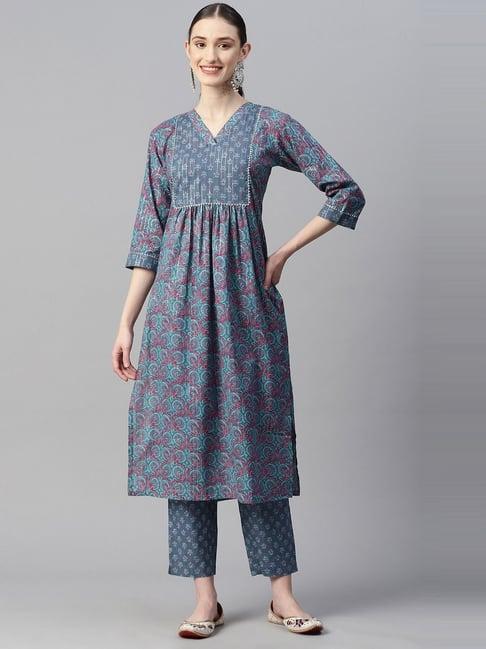 indibelle blue cotton floral print kurta pant set