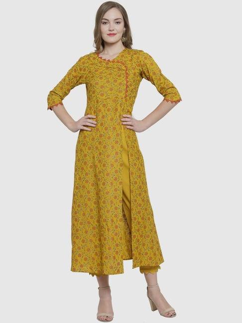 indibelle mustard floral print angrakha kurta