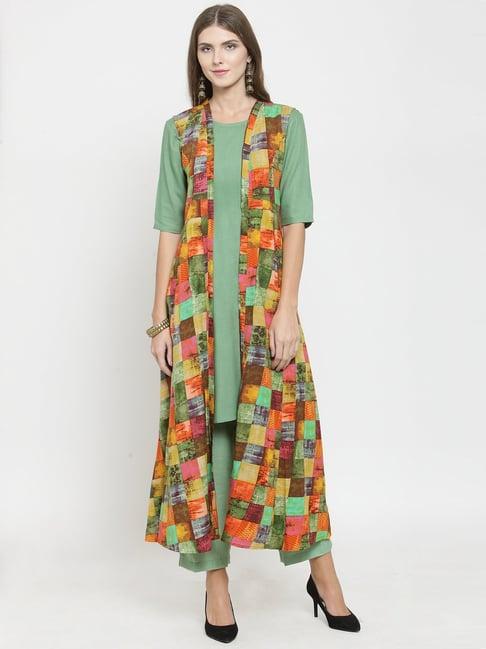 indibelle green printed a line double layered kurta