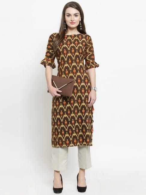 indibelle brown printed straight kurta