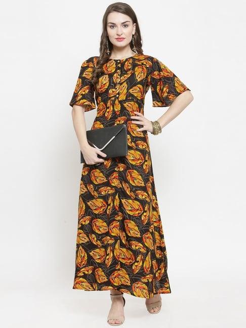 indibelle black & yellow printed a line kurta