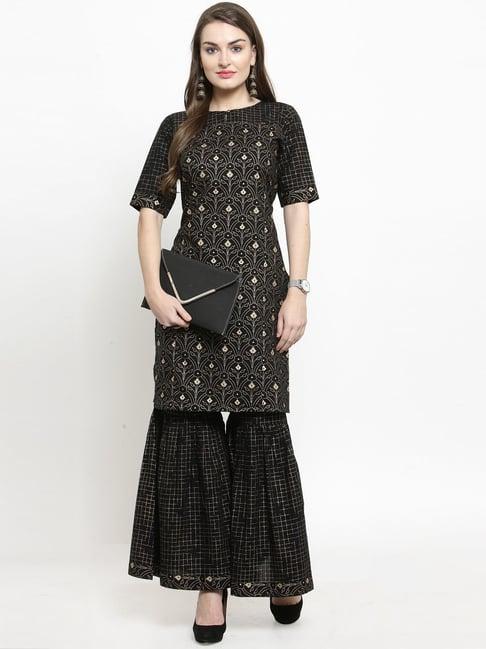 indibelle black cotton printed straight kurta