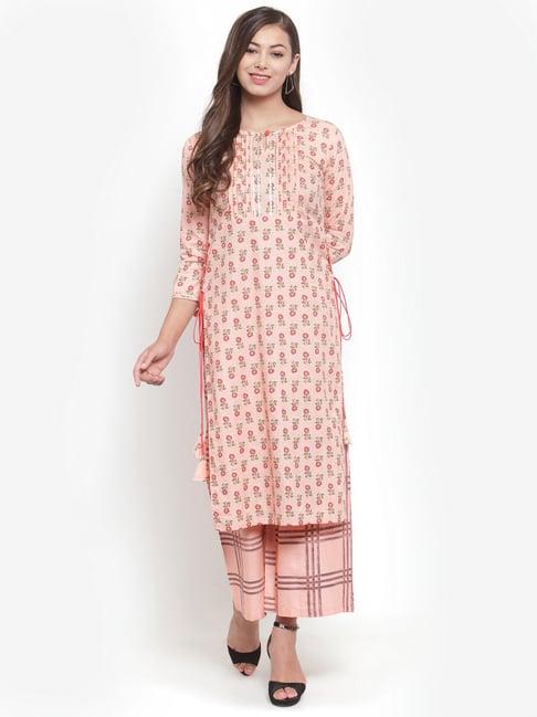 indibelle peach cotton floral print straight kurta