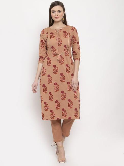 indibelle peach cotton floral print straight kurta