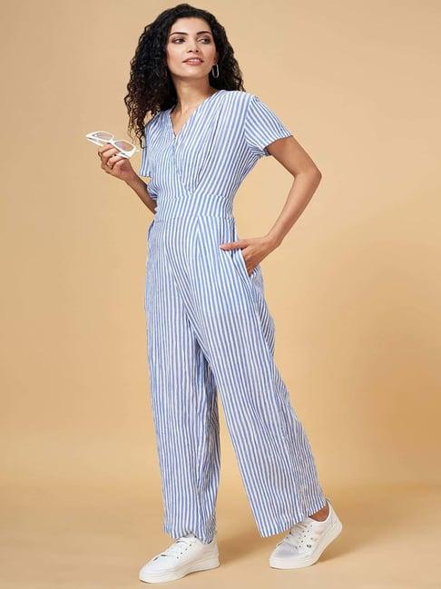 yu by pantaloons blue cotton striped jumpsuit