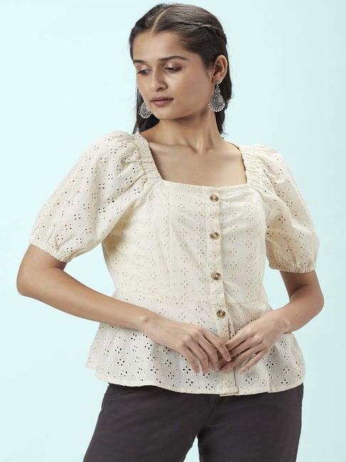 akkriti by pantaloons off-white cotton embroidered top