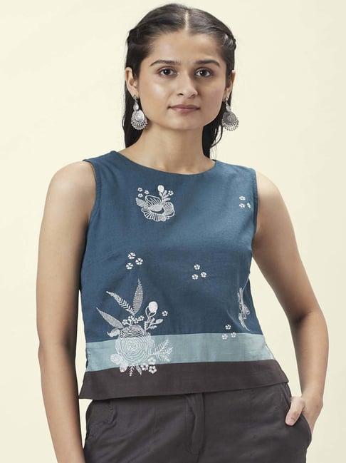 akkriti by pantaloons teal blue embroidered top