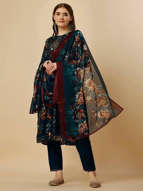 berrylicious dark blue floral print kurta with pant & dupatta