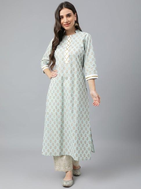 idalia blue cotton printed straight kurta