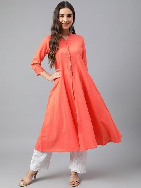 idalia orange cotton printed a line kurta