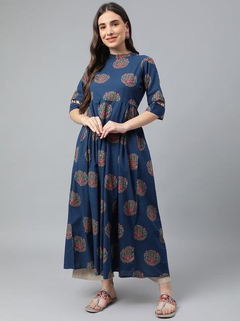 idalia blue cotton printed a line kurta