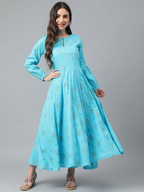 idalia blue cotton printed a line kurta