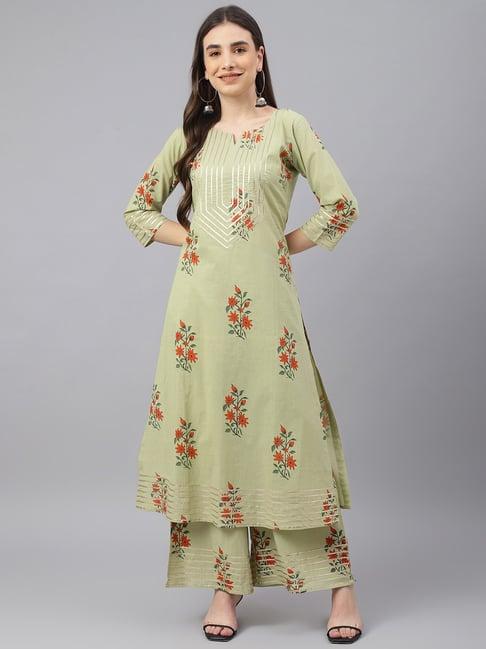 idalia green cotton printed kurta palazzo set