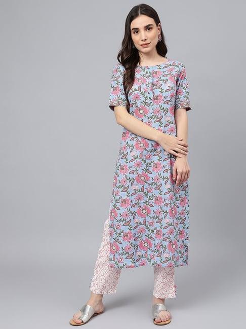 idalia blue cotton printed kurta pant set