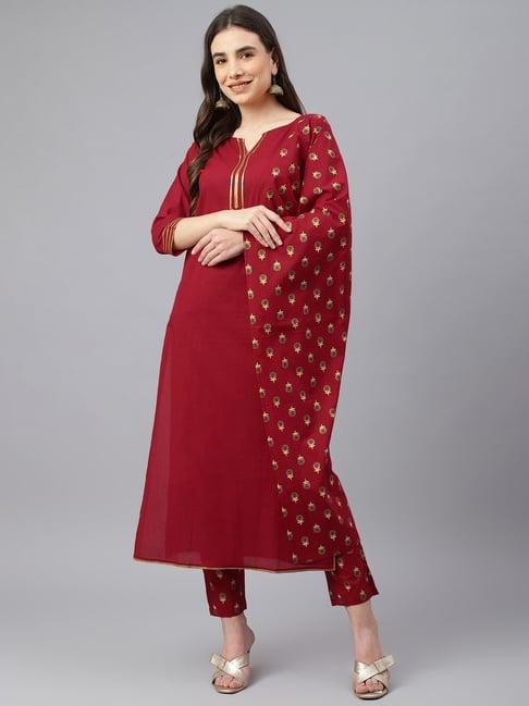 idalia maroon cotton kurta pant set with dupatta