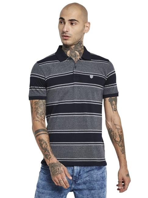 octave navy cotton regular fit striped polo t-shirt