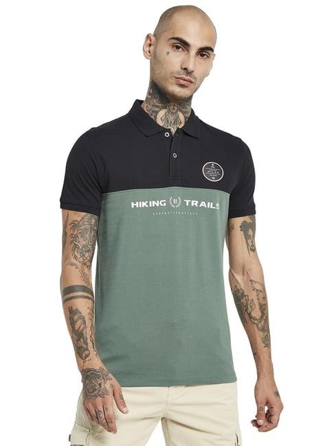 octave forest green cotton regular fit colour block polo t-shirt