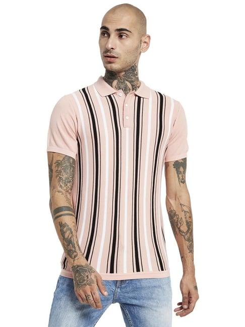 mettle suede pink cotton regular fit striped polo t-shirt