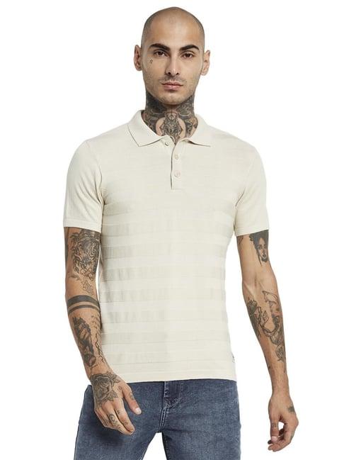 mettle white cotton regular fit striped polo t-shirt