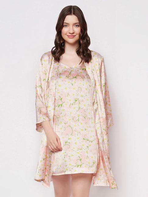 clovia peach satin floral print night dress with robe