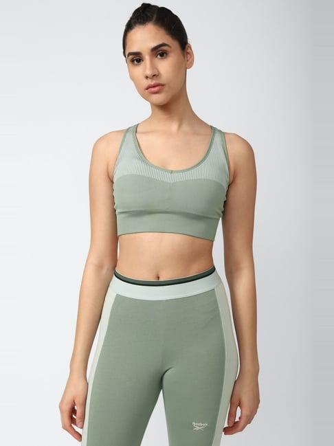 reebok green striped sports bra