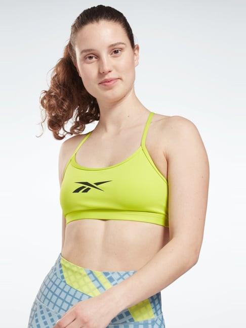 reebok lime green logo print sports bra