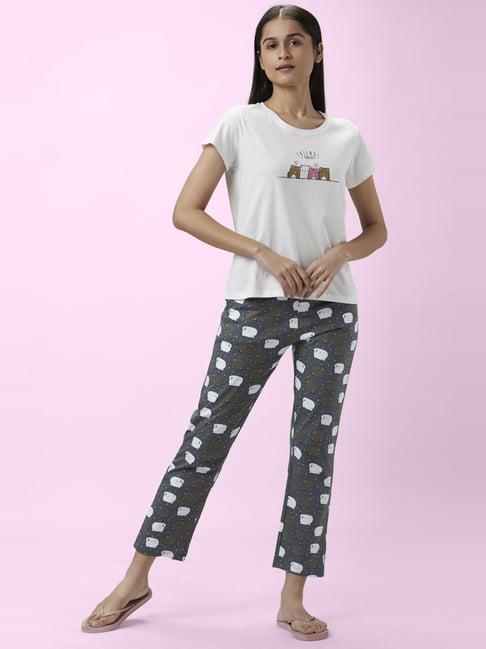 dreamz by pantaloons white & grey cotton printed top pyjama set