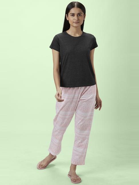 dreamz by pantaloons grey & pink cotton printed top pyjama set