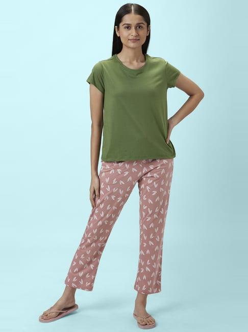 dreamz by pantaloons green & pink cotton printed top pyjama set