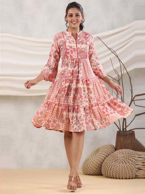 rain and rainbow peach cotton floral print a-line dress